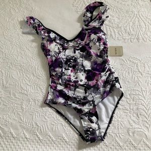 NWT one piece swimsuit purple floral ruffle flounce adjustable straps size 6
